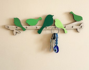 Modern Wood Key Holder with Birds: Entryway Wall Decor