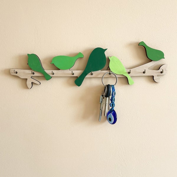 Entryway Key Holder with Birds Wall Mounted, Modern Wood Hooks with Birds, 9 Hooks For Keys