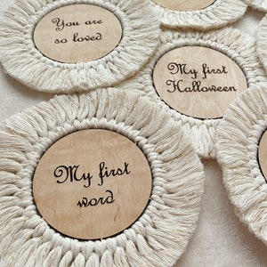 Boho Wooden monthly Discs Double sided Milestones Macrame Photo Prop Baby Gift Pregnancy Gift Eater Gift for Mom to be image 6