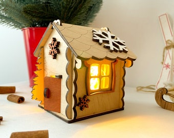 Wooden Christmas House 3in 1 - Handcrafted Christmas decoration - Xmas Engraved Gift - Mantel decorative house - Christmas Candle Holder