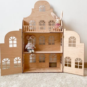 Handcrafted Wooden Dollhouse with Doors: Boho Nursery Decor Shelf