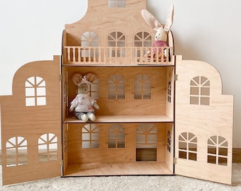 Casa de muñecas decorativa hecha a mano con puertas - Decoración de guardería Boho - Casa de muñecas de juego de simulación - Estante de madera - Regalo de cumpleaños para niña