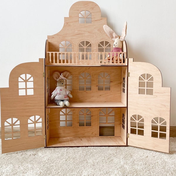 Maison de poupée décorative fabriquée à la main avec portes - décoration bohème de chambre d'enfant - maison de poupée pour faire semblant - étagère en bois - cadeau d'anniversaire pour fille