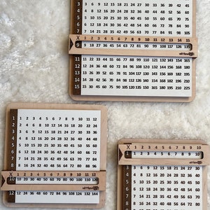 May include: Two wooden multiplication tables with a sliding bar. The tables are made of light wood with white numbers. The first table shows the multiplication table from 1 to 15. The second table shows the multiplication table from 1 to 10. Both tables have a sliding bar that can be used to select the number to multiply by.