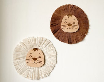 Woodland animals with cotton mane - Wooden Lion decor - Boho nursery decor - Rustic Hanging Lion Head