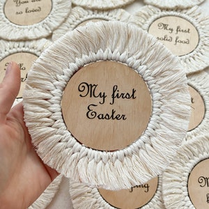 Boho Wooden monthly Discs Double sided Milestones Macrame Photo Prop Baby Gift Pregnancy Gift Eater Gift for Mom to be image 7