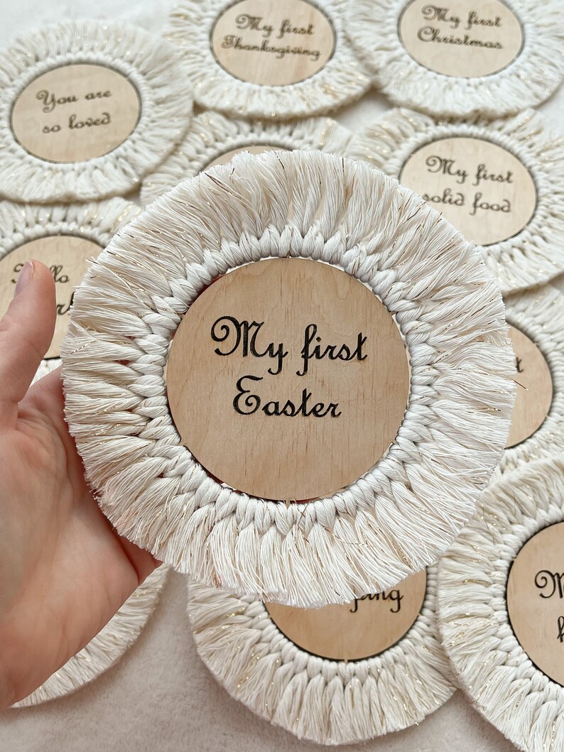 Boho Wooden monthly Discs Double sided Milestones Macrame Photo Prop Baby Gift Pregnancy Gift Eater Gift for Mom to be image 7