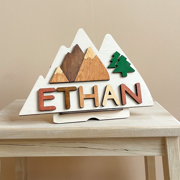 Mountain Personalized Name Puzzle - Woodland Toddler Name Puzzle – Toys Nursery Handmade Decor - Gift for 2nd 3rd Birthday - Christmas gift