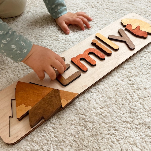 Bears Hug name puzzle for nature lovers - Montessori Name Board with Bears and Mountains - Christmas Gift for Toddler