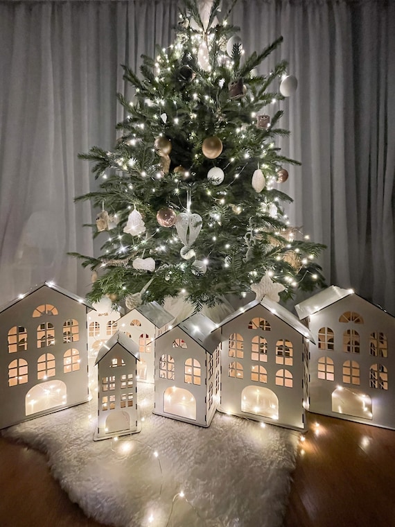 Wooden Christmas Houses White Christmas Tree Decoration House Rustic  Christmas-holiday Decor Christmas Candle Holders 