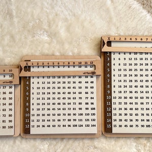 May include: Three wooden multiplication tables with sliding rulers. The tables show multiplication facts from 1 to 15. The tables are made of light brown wood with black numbers.