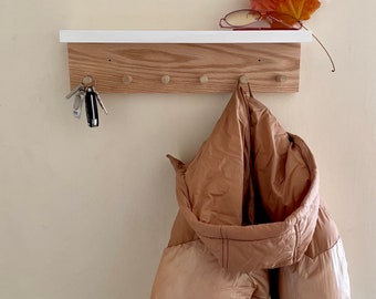 Modern Oak Shelf with Hooks: Versatile Coat Rack for Kitchen, Entryway, or Minimalist Decor with Wooden Peg Rail