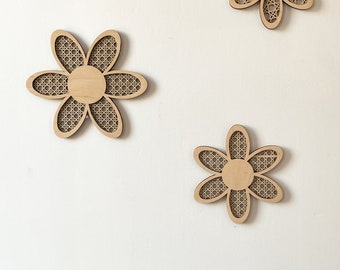 Rattan flowers -Set of 3 Daisy Rattan - Wooden Wall Decor -  Girls Bedroom - Flower Nursery