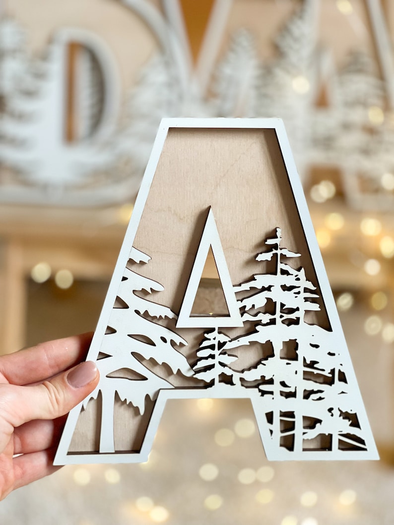 Winter Forest Letters Nature Name Sign Personalized Wall art decor for Nursery, Living room Christmas trees image 1