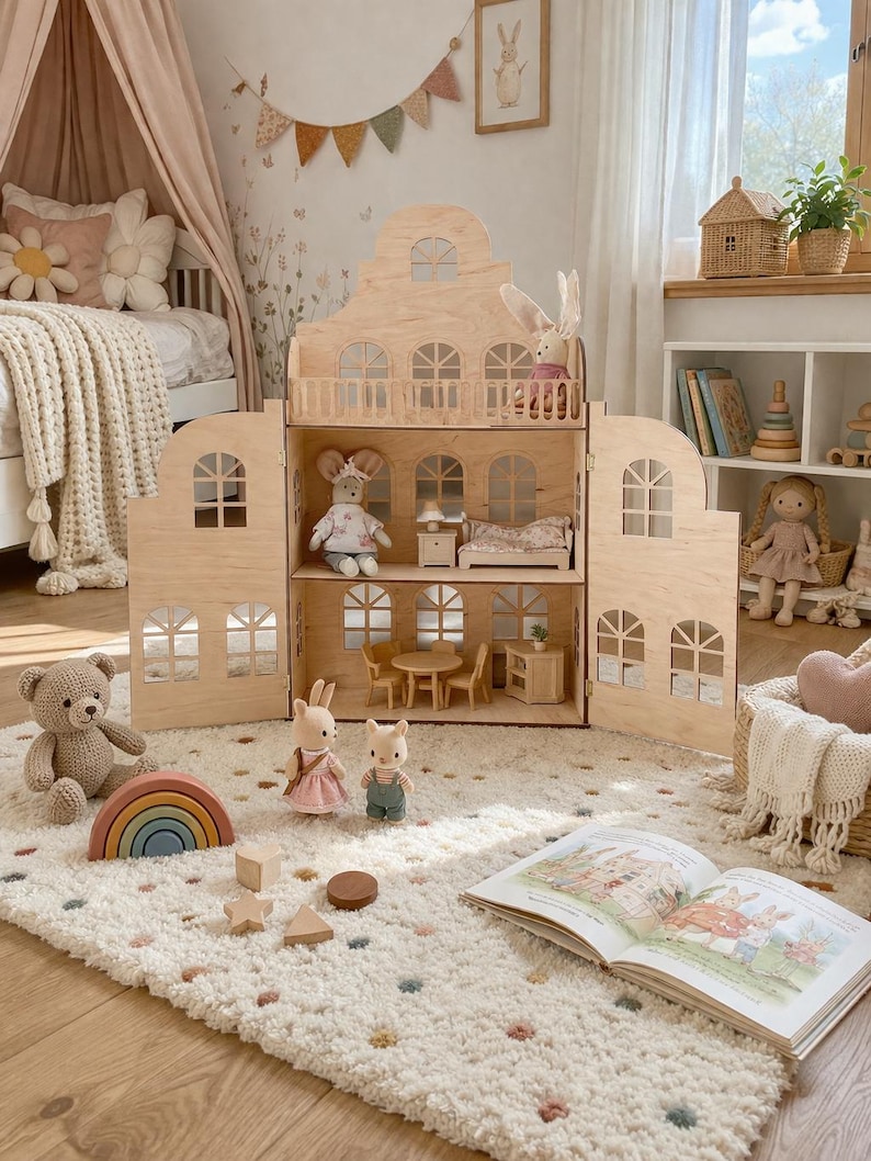 Wooden Dollhouse for Kids – Montessori Mouse House & Nursery Shelf
