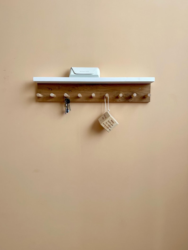 Oak Peg Shelf: Colorful Kids' Room & Entryway Organizer - Wall Shelf with Hooks for Storage