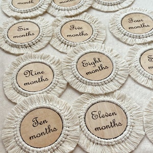 Boho Wooden monthly Discs Double sided Milestones Macrame Photo Prop Baby Gift Pregnancy Gift Eater Gift for Mom to be image 2