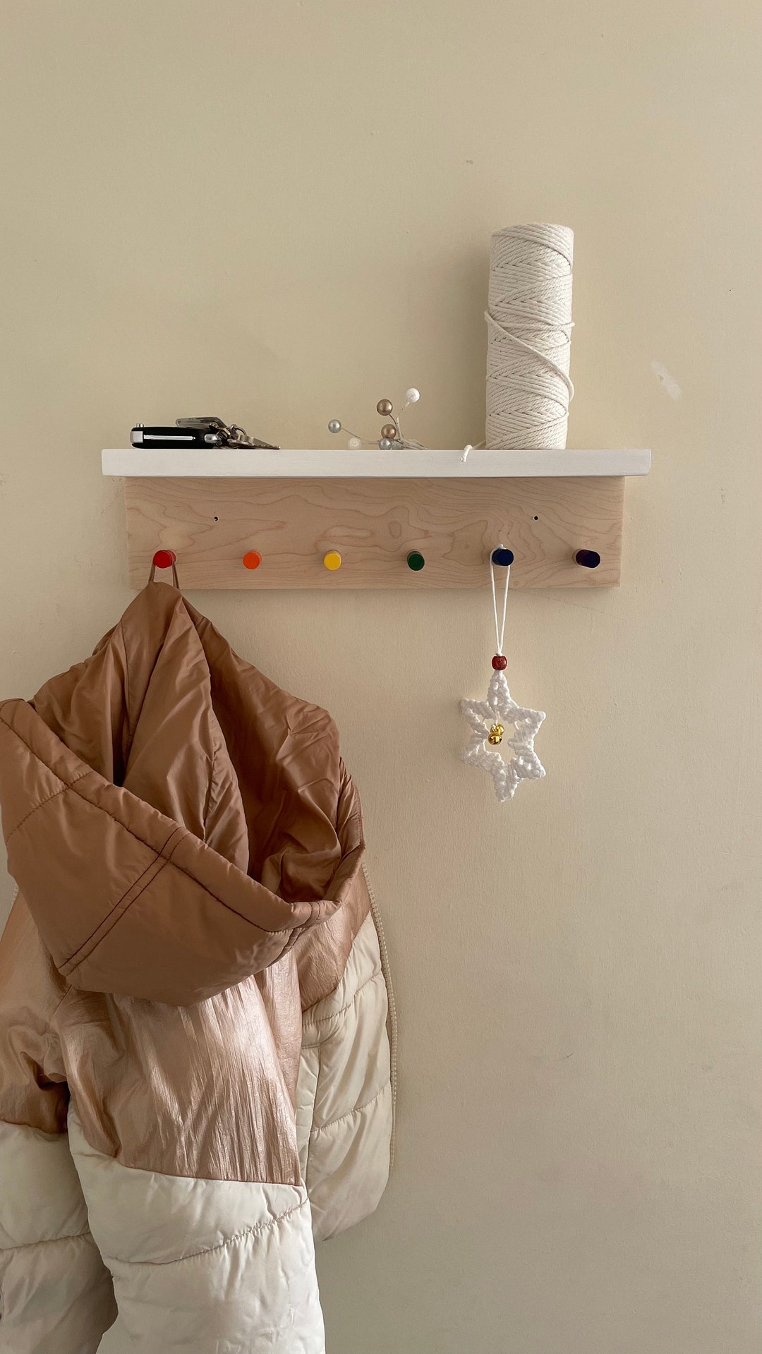 Oak Shelf With Hooks Maple Modern Coat Rack / Kitchen Decor / Wooden