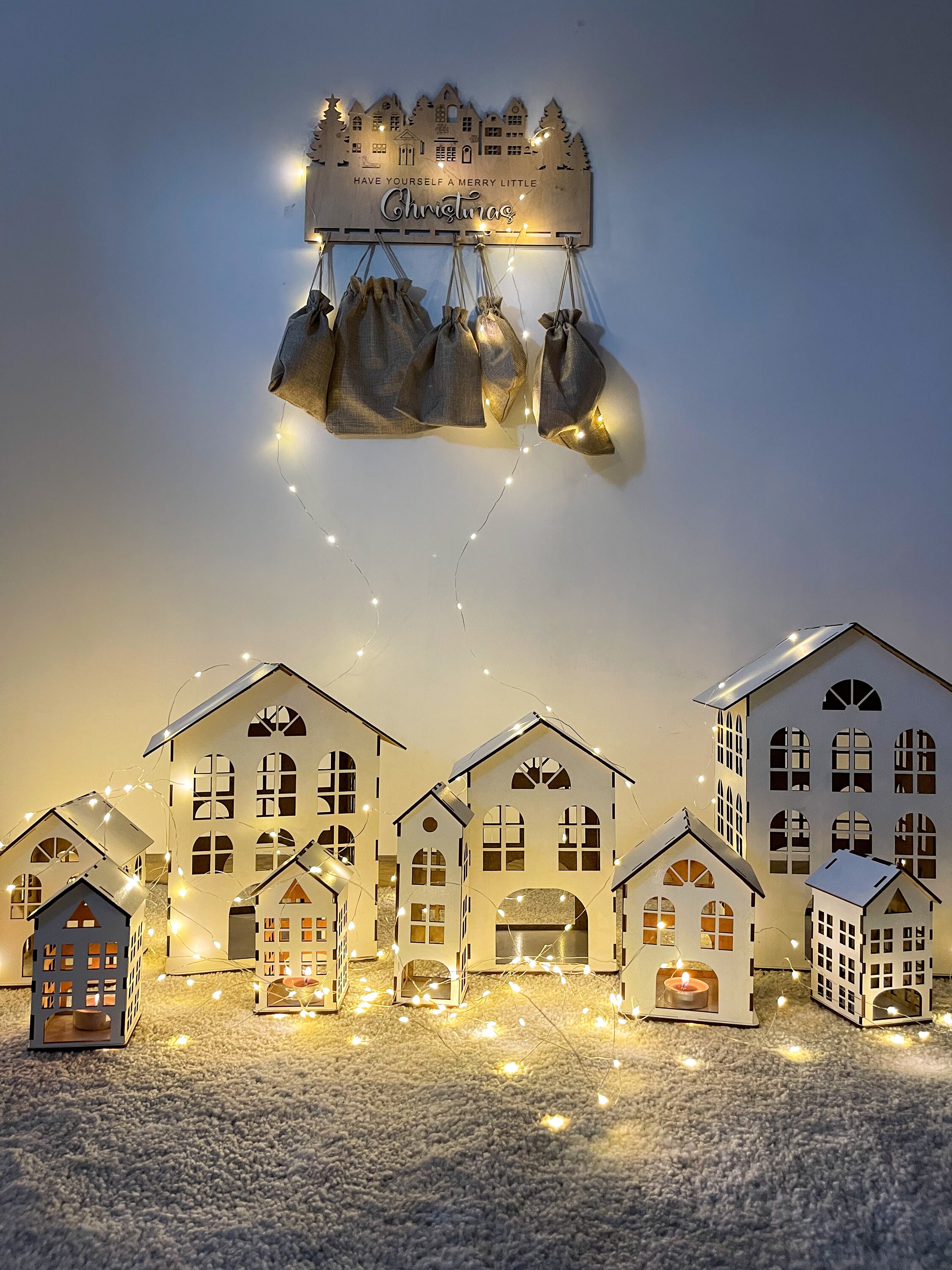 12 Pcs Lighted Chistmas Village Set Metal White ... - EBay