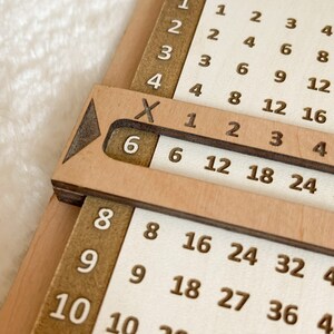 May include: A wooden multiplication table with a sliding bar. The bar is set to multiply by 6. The numbers on the table are in white and the numbers on the bar are in brown.