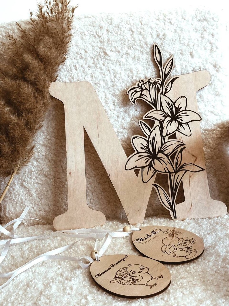 Laser Engraved Nursery Letter with Lilies The Perfect Boho Chic Wall Letter for a Girl's Nursery & Birthday Gift image 1