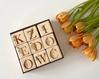 ABC floral blocks - Floral Alphabet Wooden Blocks Set - 9 Blocks in a Charming Box - Laser Engraved Handmade Blocks - Easter Gift