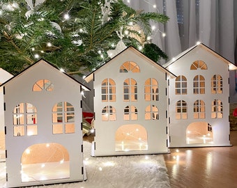 LEDライト付きホワイト木製クリスマスビレッジセット - Etsy 日本