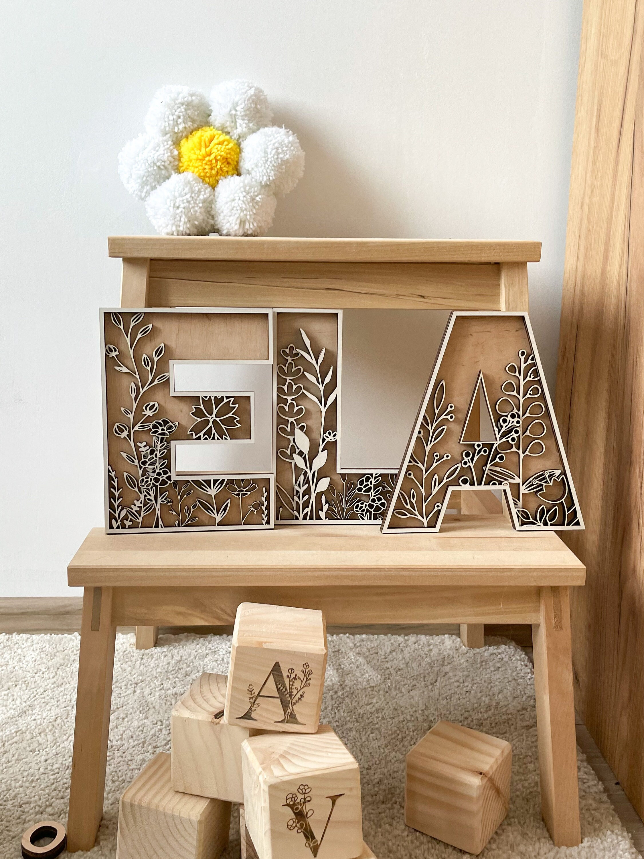Floral Nursery Letters - Nature Name Sign - Layered Letters - Floral Wooden Alphabet Letters - Wall art decor for Nursery, Living room