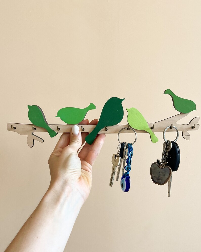 Modern Wood Key Holder With Birds: Entryway Wall Decor - Etsy