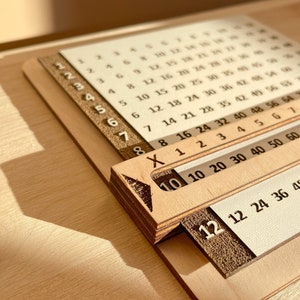 May include: A wooden multiplication table with a sliding ruler. The table features numbers 1 through 12 on the vertical axis and 1 through 12 on the horizontal axis. The sliding ruler is labeled with numbers 10, 12, 24, 36, and 48.