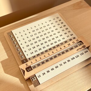 May include: A wooden multiplication chart with numbers 1 through 12 on the vertical axis and 1 through 12 on the horizontal axis. A sliding wooden ruler with numbers 1 through 12 on the bottom and 10 through 120 on the top is positioned at the number 10 on the horizontal axis. The chart is labeled "Wittlewood" in the bottom right corner.
