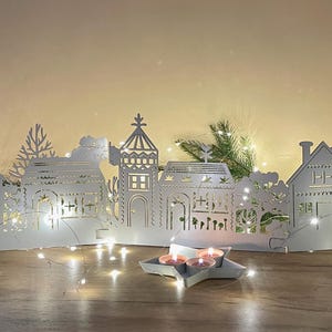 Christmas Village Scene with Trees & Houses, Mantel Decorations | Holiday Fireplace Decor | Scandinavian Decor