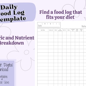 Digital Daily Food Log Template, Macro Tracker, Calorie Counting, Instant Download, Printable Diet Tracker, Minimalist Food Log, Letter Size