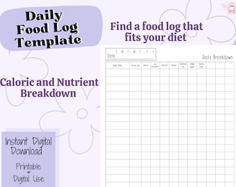 Digital Daily Food Log Template, Macro Tracker, Calorie Counting, Instant Download, Printable Diet Tracker, Minimalist Food Log, Letter Size