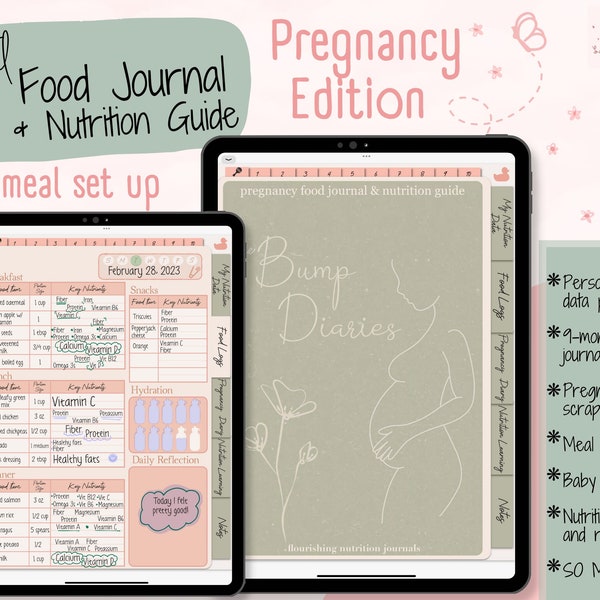 Pregnancy Digital Food Journal and Nutrition Guide, Memory book, Soft, 3-meal, Hyperlinked PDF, iPad 9-month Planner, Nutrition notebook