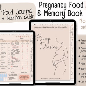 May include: Digital pregnancy food journal and memory book with a pink and white cover featuring a line drawing of a pregnant woman. The title "Bump Diaries" is written in cursive. The journal includes a 9-month food journaling section, a pregnancy scrapbook, a meal planner, and baby name lists.