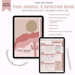 Digital Food Journal and Nutrition Guide, Boho, Undated, 3-meal, Hyperlinked PDF, GoodNotes, iPad Planner, Nutrition Learning, Daily Planner