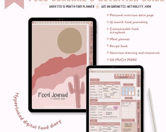 Digital Food Journal and Nutrition Guide, Boho, Undated, 3-meal, Hyperlinked PDF, GoodNotes, iPad Planner, Nutrition Learning, Daily Planner