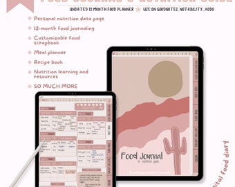 Digital Food Journal and Nutrition Guide, Boho, Undated, 5 meal, Hyperlinked PDF, GoodNotes, iPad Planner, Nutrition Learning, Food Diary