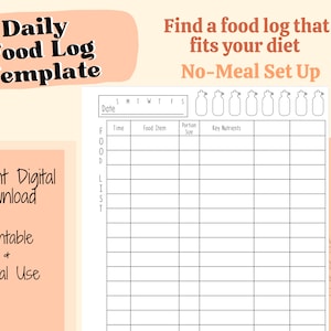 Digital Daily Food Log Template, Instant Download, No-Meal Nutrition Tracker, Printable Diet Tracker, Minimalist Daily Food Log, Letter Size