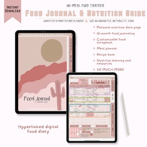 No Meal Food Journal. Food Journal & nutrition guide. Undated 12 month food planner. Use on GoodNotes, Notability, XODO. Hyperlinked digital food diary. Personal nutrition data page. 12-month food journaling. Customizable food scrapbook. Meal planner