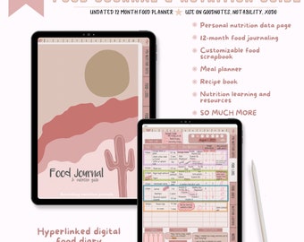 Digital Food Journal and Nutrition Guide, Boho Aesthetic, No-Meal Meal Planner, Undated Food Planner, Hyperlinked PDF, GoodNotes Notebook