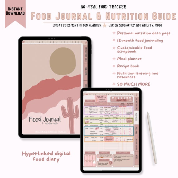 Digital Food Journal and Nutrition Guide, Boho Aesthetic, No-Meal Meal Planner, Undated Food Planner, Hyperlinked PDF, GoodNotes Notebook
