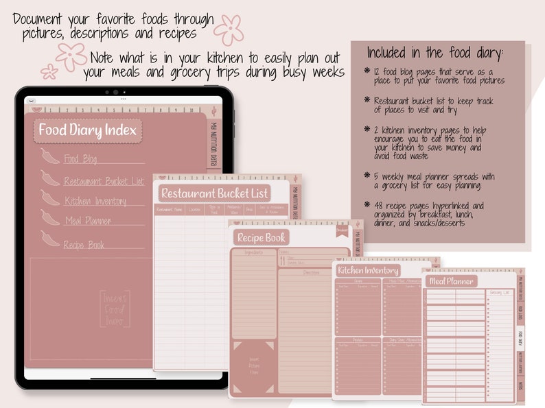 Digital Food Journal and Nutrition Guide, Boho Aesthetic, No-Meal Meal Planner, Undated Food Planner, Hyperlinked PDF, GoodNotes Notebook image 5