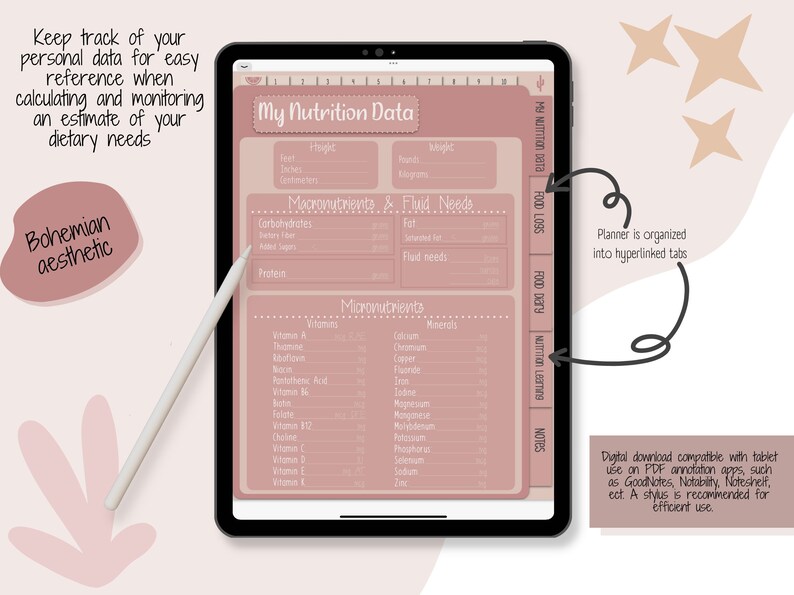 Digital Food Journal and Nutrition Guide, Boho Aesthetic, No-Meal Meal Planner, Undated Food Planner, Hyperlinked PDF, GoodNotes Notebook image 2