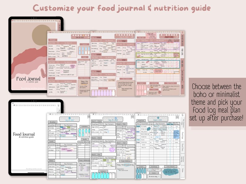 Customize your food journal & nutrition guide. Choose between the boho or minimalist theme and pick your food log meal plan set up after purchase! Image of 2 iPad, both screens with different food journal & nutrition guide cover options.
