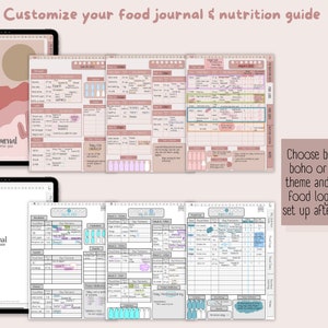 Customize your food journal & nutrition guide. Choose between the boho or minimalist theme and pick your food log meal plan set up after purchase! Image of 2 iPad, both screens with different food journal & nutrition guide cover options.