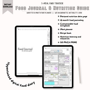 Digital Food Journal and Nutrition Guide, Minimalist, Undated, 5 meal, Hyperlinked, GoodNotes, iPad Planner, Nutrition Learning, Food Diary