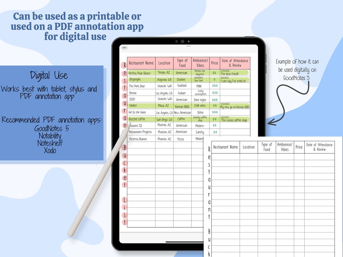 Digital Restaurant Bucket List Template, Instant Download, Printable