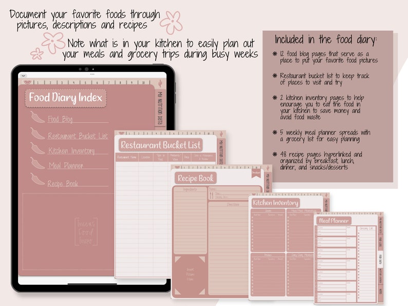 May include: A digital planner with a pink and white color scheme. The planner is divided into sections for food blog, restaurant bucket list, kitchen inventory, meal planner, and recipe book. The text "Food Diary Index" is at the top of the planner.